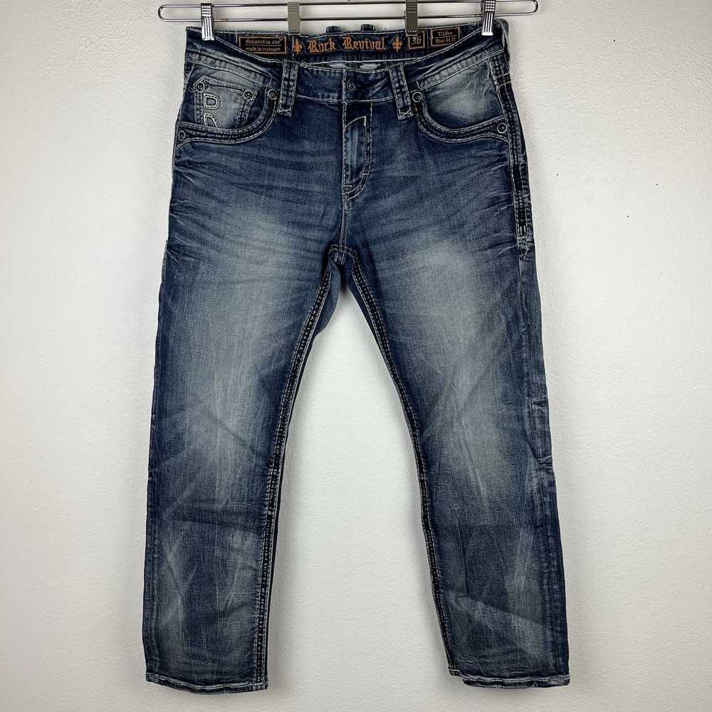 Rock Revival Jeans Mens 35x31 Blue Tilden Rlxd St 17 Straight Distressed Denim